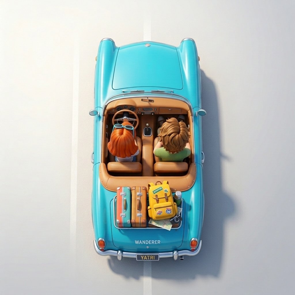 Two travellers in a car by still water